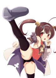 Rule 34 | 1girl, :o, ahoge, azur lane, bare shoulders, black panties, black thighhighs, blush, breasts, brown hair, china dress, chinese clothes, dress, fur collar, grey footwear, hairband, high kick, highres, kicking, leg up, long hair, long sleeves, no bra, open mouth, panties, ping hai (azur lane), porontyo 07, red dress, red eyes, remodel (azur lane), sideboob, simple background, small breasts, solo, standing, standing on one leg, thighhighs, twintails, underwear, v-shaped eyebrows, white background, white hairband