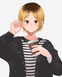 Rule 34 | 1610aoi, 1boy, adjusting hair, black jacket, blonde hair, brown eyes, cup, disposable cup, grey background, haikyuu!!, highres, holding, holding cup, jacket, kozume kenma, looking at viewer, male focus, multicolored hair, shirt, simple background, solo, striped clothes, striped shirt, two-tone hair