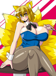 Rule 34 | 1girl, akasode (tyaramu), animal ears, blonde hair, blush, bow, bowtie, breasts, bright pupils, cleavage, crossed legs, detached collar, fox ears, fox tail, huge breasts, kitsune, kyuubi, leotard, looking at viewer, multiple tails, no headwear, nontraditional playboy bunny, open mouth, pantyhose, playboy bunny, solo, tail, touhou, wrist cuffs, yakumo ran, yellow eyes