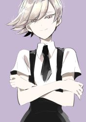 Rule 34 | 1other, androgynous, bad id, bad twitter id, black necktie, closed mouth, collared shirt, crossed arms, eyes visible through hair, fingernails, goshenite (houseki no kuni), grey eyes, grey nails, highres, houseki no kuni, looking at viewer, musshu (omu001), nail polish, necktie, purple background, shirt, short hair, short sleeves, shorts, silver hair, simple background, smile, solo, standing, suspender shorts, suspenders, upper body, white shirt, wing collar