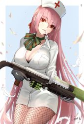 Rule 34 | 1girl, absurdres, blue background, blush, border, braid, breasts, cigarette, cleavage, collarbone, dress, fate/grand order, fate (series), feathers, fishnet pantyhose, fishnets, florence nightingale (fate), florence nightingale (santa) (fate), french braid, gloves, green ribbon, grey gloves, gun, hair ribbon, hat, highres, large breasts, large syringe, long hair, long sleeves, looking at viewer, mikazukicrescent, neck ribbon, nurse cap, oversized object, pantyhose, pink hair, red eyes, red ribbon, ribbon, short dress, simple background, smoking, solo, striped ribbon, syringe, thighs, weapon, white border, white dress, white hat