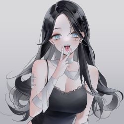 Rule 34 | 1girl, absurdres, bad id, bad pixiv id, bandages, bare shoulders, black hair, blush, breasts, cleavage, earrings, highres, hiya 0, jewelry, large breasts, long hair, looking at viewer, open mouth, original, pill, simple background, solo, tank top, tongue, tongue out, upper body