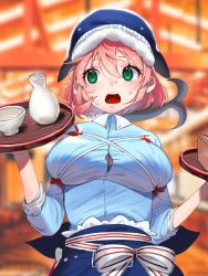 Rule 34 | 1girl, alcohol, animal hat, blue hat, blue shirt, blue skirt, breasts, buttons, green eyes, hair between eyes, hat, highres, holding, holding tray, korean commentary, large breasts, okunoda miyoi, open mouth, pink hair, sake, shirt, short hair, skirt, solo, teeth, touhou, tray, upper teeth only, vuluhappy, whale hat