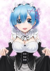 Rule 34 | 1girl, :d, bad id, bad pixiv id, black ribbon, blue eyes, blue hair, blush, bow, breasts, cleavage, commentary request, detached sleeves, dress, flower knot, frills, hair ornament, hair over one eye, hair ribbon, hands up, highres, izawa (bhive003), juliet sleeves, large breasts, long sleeves, looking at viewer, maid, maid headdress, open mouth, pink ribbon, puffy sleeves, re:zero kara hajimeru isekai seikatsu, rem (re:zero), ribbon, short hair, skirt hold, smile, solo, x hair ornament