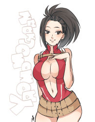 Rule 34 | 10s, 1girl, arm behind back, belt, belt skirt, black eyes, black hair, blush, boku no hero academia, breasts, character name, chest strap, cleavage, cleavage cutout, clothing cutout, cowboy shot, halterneck, hand on own breast, heart, large breasts, legs together, leotard, light blush, light smile, long hair, looking at viewer, matsuda (louol), navel, navel cutout, ponytail, signature, simple background, solo, standing, white background, yaoyorozu momo