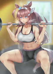 Rule 34 | 1girl, :o, abs, ahoge, animal ears, bad id, bad pixiv id, barbell, bare shoulders, black shorts, blue eyes, blurry, blurry background, blush, breasts, brown hair, cleavage, collarbone, ear ornament, exercising, hair between eyes, hair ornament, hairband, highres, horse ears, horse girl, horse tail, large breasts, long hair, looking to the side, midriff, mihono bourbon (umamusume), navel, purple trim, shorts, solo, sports bra, squatting, steaming body, sweat, sweaty clothes, tail, thighs, toned, tsukareme, umamusume, weightlifting, workout clothes