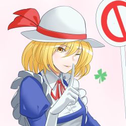 Rule 34 | 1girl, artist request, blonde hair, blue dress, bow, clover, dress, elbow gloves, frills, gloves, hat, hat bow, juliet sleeves, kana anaberal, long sleeves, one eye closed, parted lips, puffy sleeves, red ribbon, ribbon, shirt, short hair, simple background, touhou, touhou (pc-98), upper body, white hat, white shirt, yellow eyes