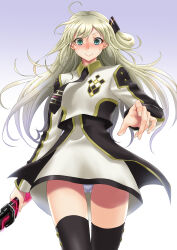 1girl absurdres black_bow black_bowtie black_necktie black_thighhighs black_trim blonde_hair blue_eyes blush bow bowtie commentary crop_top dress dress_shirt duel_monster energy_sword facing_viewer glowing glowing_weapon grey_background highres holding holding_sword holding_weapon long_hair looking_down muto_dt necktie offering_hand open_hand panties pantyshot shirt sky_striker_ace_-_raye smile solo sword technology thighhighs underwear walking_towards_viewer weapon white_panties wind yellow_dress yellow_shirt yellow_trim yu-gi-oh!