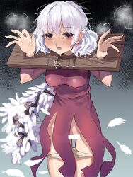 Rule 34 | absurdres, bags under eyes, blush, bound, breasts, censored, covered erect nipples, dress, feathered wings, feathers, gunnjou yosio, highres, kishin sagume, large breasts, open mouth, panties, unworn panties, pillory, purple dress, red eyes, restrained, saliva, short hair, single wing, steam, touhou, underwear, white hair, white wings, wing ribbon, wings