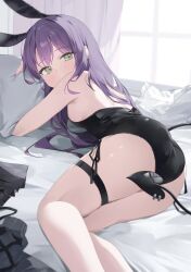 Rule 34 | 1girl, absurdres, alternate costume, animal ears, ass, backless outfit, bare shoulders, bed sheet, black leotard, blush, breasts, commentary, demon tail, ear piercing, from behind, green eyes, hair between eyes, hair down, highres, hololive, hugging object, leotard, long hair, looking at viewer, nel dcm, on bed, piercing, pillow, pillow hug, pink nails, playboy bunny, purple hair, rabbit ears, shiny clothes, shiny skin, skindentation, solo, strapless, tail, tail ornament, tail piercing, thigh strap, thighs, tokoyami towa, unworn clothes, virtual youtuber