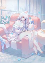 Rule 34 | 1girl, animal ears, bare legs, bare shoulders, black choker, book, breasts, brooch, cat, cat ears, cat tail, choker, cleavage, collarbone, commentary, dress, flower, heterochromia, highres, indoors, jewelry, nail polish, off-shoulder dress, off shoulder, original, petals, petals on liquid, red nails, rose, sheya, sitting, small breasts, solo, symbol-only commentary, tail, thighs, toenail polish, toenails, water, white cat, white dress, white flower, white hair, white rose
