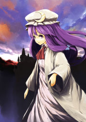 Rule 34 | 1girl, blush, crescent, female focus, hat, lefthand, long hair, outdoors, pajamas, patchouli knowledge, purple eyes, purple hair, scarlet devil mansion, sky, solo, touhou