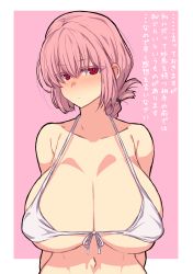 Rule 34 | 1girl, absurdres, arms behind back, bikini, blush, braid, braided ponytail, breasts, cleavage, closed mouth, fate/grand order, fate (series), florence nightingale (fate), highres, ishibori eregomos, large breasts, long hair, looking at viewer, navel, pink background, pink hair, red eyes, simple background, solo, swimsuit, translation request, white background