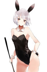 Rule 34 | 1girl, absurdres, animal ears, bare shoulders, black leotard, breasts, cleavage, closed mouth, collar, cowboy shot, detached collar, eyebrows hidden by hair, fake animal ears, groin, hand on own hip, highres, holding, leotard, looking at viewer, ogami ren, original, playboy bunny, rabbit ears, red eyes, short hair, silver hair, simple background, small breasts, solo, strapless, strapless leotard, white background, white collar, wing collar, wrist cuffs