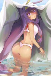 Rule 34 | 1girl, ^^^, animal ears, ass, back, bare arms, barefoot, bed sheet, blush, breasts, commentary request, dark-skinned female, dark skin, day, earrings, facepaint, fate/grand order, fate (series), hair tubes, hairband, hip focus, hoop earrings, jewelry, kneeling, legs, long hair, looking at viewer, looking back, low-tied long hair, medium breasts, nitocris (fate), nitocris (fate/grand order), nitocris (swimsuit assassin) (fate), nitocris (swimsuit assassin) (second ascension) (fate), one-piece swimsuit, outdoors, parted lips, purple eyes, rabbit ears, sidelocks, solo, swimsuit, thighs, tomozero, very long hair, water, wet, white one-piece swimsuit, wristband