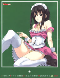 Rule 34 | 1girl, april, black eyes, black hair, bow, breasts, calendar, cleavage, crease, frills, highres, luna (reclaimed land), maid, maid cap, maid headdress, mary janes, open mouth, original, panties, ribbon, scan, scan artifacts, shoes, sitting, solo, strap slip, thighhighs, underwear, white thighhighs, wrist cuffs