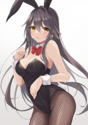 Rule 34 | 1girl, alternate costume, animal ears, black hair, black leotard, blush, bow, bowtie, breasts, brown eyes, covered navel, detached collar, fake animal ears, fake tail, fishnet pantyhose, fishnets, gensoukitan, hair ornament, haruna (kancolle), highleg, highleg leotard, highres, kantai collection, leotard, medium breasts, pantyhose, playboy bunny, rabbit ears, rabbit tail, simple background, strapless, strapless leotard, tail, traditional bowtie, wrist cuffs