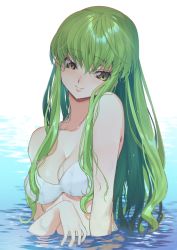 Rule 34 | 1girl, bare shoulders, bikini, breasts, c.c., closed mouth, code geass, collarbone, commentary, creayus, green hair, head tilt, highres, long hair, looking at viewer, medium breasts, partially submerged, scar, scar on breasts, smile, solo, swimsuit, upper body, water, wet, wet hair, white bikini, yellow eyes