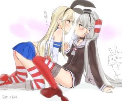 Rule 34 | 10s, 2015, 2girls, all fours, ama mitsuki, amatsukaze (kancolle), ass, black panties, blonde hair, blush, breasts, brown eyes, crop top, dated, dress, elbow gloves, eye contact, garter straps, gloves, hair tubes, highleg, highleg panties, holding hands, kantai collection, lifebuoy, long hair, looking at another, miniskirt, multiple girls, open mouth, panties, rensouhou-chan, sailor dress, shimakaze (kancolle), short dress, silver hair, sitting, skirt, small breasts, striped clothes, striped legwear, striped thighhighs, swim ring, thighhighs, two side up, underwear, white gloves, yuri