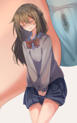 Rule 34 | 1girl, ^ ^, absurdres, between legs, black sweater, blue panties, blue skirt, blush, bow, bowtie, braid, brown hair, close-up, closed eyes, collared shirt, cowboy shot, embarrassed, female focus, flat chest, grey background, hair between eyes, hand between legs, have to pee, highres, legs together, long hair, long sleeves, miniskirt, multiple views, nose blush, open mouth, original, own hands together, panties, pee, peeing, peeing self, pleated skirt, red bow, red bowtie, school uniform, shirt, sidelocks, simple background, skirt, standing, sweat, sweater, tears, underwear, v arms, watakarashi, wet, wet clothes, wet panties, white shirt