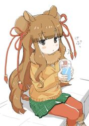 Rule 34 | 10s, 1girl, puff of air, animal ears, ankle boots, bactrian camel (kemono friends), beige boots, black ribbon, blunt bangs, blush stickers, boots, breath, brown eyes, brown hair, bun cover, camel ears, camel tail, collar, commentary request, cup, double bun, drinking glass, expressionless, eyelashes, footwear ribbon, frills, fur-trimmed boots, fur collar, fur trim, green skirt, hair bun, hair ornament, holding, holding cup, holding drinking glass, jitome, kanemaru (knmr fd), kemono friends, knmr (knmr fd), long hair, long sleeves, looking away, official art, open mouth, orange sweater, pantyhose, red pantyhose, ribbon, shadow, simple background, sitting, skirt, solo, sweater, tail, translation request, triangle mouth, water, white background