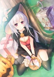 Rule 34 | 1girl, blush, breasts, candy, cape, capelet, cat, cleavage, commentary, food, garter belt, garter straps, gift, halloween, hat, highres, jack-o&#039;-lantern, kneeling, lantern, long hair, looking at viewer, massan, original, pumpkin, silver hair, small breasts, smile, solo, thighhighs, tree, witch