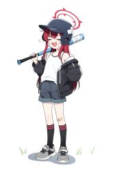 Rule 34 | 1girl, aged down, bandaid, bandaid on face, bandaid on knee, bandaid on leg, baseball bat, baseball helmet, black jacket, blue archive, child (isoliya), closed eyes, denim, denim shorts, flat chest, full body, halo, hand in pocket, helmet, highres, holding, holding baseball bat, jacket, long hair, rabu (blue archive), red hair, red halo, sharp teeth, shoes, shorts, smile, sneakers, solo, straight hair, tank top, teeth, very long hair, white tank top