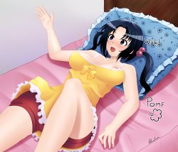 Rule 34 | 1girl, aged up, akari (inuboshi), alternate breast size, bare arms, bare shoulders, bed, bedroom, black hair, blue eyes, blush, breasts, breasts apart, dress, english text, female focus, hair bobbles, hair ornament, highres, huge filesize, indoors, large breasts, lying, meme, nipple slip, nipples, no bra, on back, open mouth, picantium, pillow, pomf, shorts, smile, solo, tank top, text focus, tsukimisou no akari, twintails, yellow dress