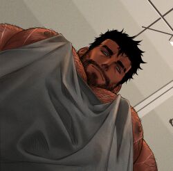 Rule 34 | 1boy, bara, beard, black hair, dobek k, facial hair, feet out of frame, hairy, highres, large pectorals, looking at viewer, looking down, male focus, manly, mature male, meme, muscular, muscular male, nipples, original, pectorals, red eyes, sam (dobek k), scar, short hair, solo, spiked hair, tank top, thick eyebrows, upper body, very hairy, yur oc like this (meme)