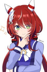 Rule 34 | 1girl, absurdres, animal ears, blush, breasts, closed mouth, commentary request, dated, green eyes, hair ornament, highres, horse ears, horse girl, looking at viewer, low twintails, miboshi moroboshi, red hair, ribbon, school uniform, simple background, smile, solo, tracen school uniform, twintails, umamusume, upper body, white background, win variation (umamusume)