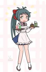 Rule 34 | 1girl, apron, blush, cake, curse (023), drink, food, hair ribbon, highres, holding, holding food, irako (kancolle), kantai collection, long hair, long sleeves, necktie, open mouth, ribbon, shoes, socks, tray, undershirt