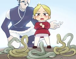 Rule 34 | 2boys, aboutama, bebinn, blonde hair, blue eyes, blush, child, crown, daida, facial hair, from below, full body, head out of frame, male focus, multiple boys, mustache, on one knee, ousama ranking, pants, prince, red shirt, shirt, short hair, smile, snake, thick eyebrows, white pants