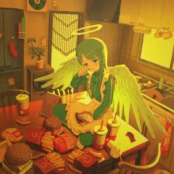 Rule 34 | 1girl, angel, angel wings, apron, barefoot, bead curtain, braid, burger, cabinet, chair, cropped, cup, disposable cup, double vertical stripe, eating, electric fan, fast food, feathered wings, film grain, food, french fries, green eyes, green hair, green jacket, green pants, green track suit, halo, hand on own face, hand up, highres, holding, holding burger, holding food, indian style, indoors, jacket, jersey maid, kagenoyuhi, kitchen, kitchen hood, long hair, long sleeves, looking at viewer, maid, maid apron, on table, original, pants, parted lips, plant, potted plant, side braid, single braid, sitting, solo, spread wings, table, too much food, unconventional maid, waist apron, white apron, white wings, window, wings, zipper