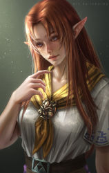Rule 34 | 1girl, absurdres, blue eyes, closed mouth, highres, icezimy, long hair, malon, nintendo, pointy ears, portrait, realistic, red hair, ribbon, simple background, solo, the legend of zelda, the legend of zelda: ocarina of time, yellow ribbon
