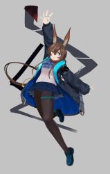 Rule 34 | 1girl, :o, absurdres, amiya (arknights), animal ear fluff, animal ears, arknights, arm up, ascot, black coat, black pantyhose, blue ascot, blue eyes, blue footwear, blue skirt, blush, brown hair, brown pantyhose, clothes writing, coat, commentary request, full body, hair between eyes, highres, jewelry, loafers, long hair, long sleeves, looking at viewer, miniskirt, open clothes, open coat, panties, panties under pantyhose, pantyhose, pantyshot, parted lips, plaid, plaid skirt, pleated skirt, ponytail, rabbit ears, rabbit girl, ring, shirt, shoes, sidelocks, skirt, sleeves past wrists, solo, thighlet, underwear, upskirt, very long hair, white panties, white ph, white shirt