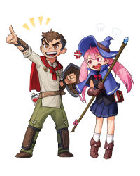 Rule 34 | 1boy, 1girl, blue capelet, blue headwear, blue skirt, brown eyes, brown footwear, brown gloves, brown hair, capelet, gloves, green pants, hat, highres, holding, holding shield, long hair, original, pants, pink eyes, pink hair, pleated skirt, pointing, rinotuna, shadow, shield, shirt, short hair, skirt, socks, twintails, white background, white shirt, white socks, witch hat