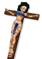 Rule 34 | 1girl, bandeau, bdsm, black hair, blush, bondage, bound, breasts, brown eyes, cleavage, cross, crucifix, crucifixion, fairy tail, female focus, full body, gag, gagged, hairband, highres, improvised gag, large breasts, loincloth, navel, risley law, rope, sandals, scotch (blaze), sketch lanza, solo, tape, tape gag, white background
