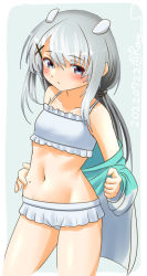 Rule 34 | 1girl, bikini, bikini skirt, breasts, commentary request, cowboy shot, frilled bikini, frills, gradient jacket, grey eyes, grey hair, i-201 (kancolle), jacket, kantai collection, long hair, low twintails, one-hour drawing challenge, ray.s, small breasts, solo, standing, swimsuit, twintails, white bikini, white jacket