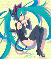 Rule 34 | 1girl, animal ears, boots, cat ears, cat tail, character name, green eyes, green hair, hatsune miku, high heel boots, high heels, highres, leotard, long hair, matching hair/eyes, paw pose, shoes, solo, tail, thigh boots, thighhighs, twintails, umeno ryuuji, very long hair, vocaloid