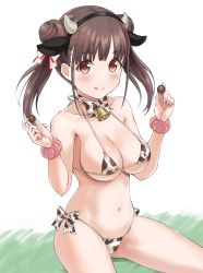 Rule 34 | 1girl, bikini, breasts, brown eyes, brown hair, collarbone, cow horns, hair ornament, highres, horns, idolmaster, idolmaster shiny colors, jewelry, large breasts, looking at viewer, medium hair, navel, neck ribbon, necklace, ribbon, side-tie bikini bottom, simple background, solo, sonoda chiyoko, swimsuit, tamagomikan, thighs, twintails, white background