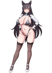 Rule 34 | 1girl, animal ears, atago (azur lane), atago (stunning speedster) (azur lane), azur lane, bikini, black bikini, black hair, black thighhighs, blush, breasts, cameltoe, cleavage, cuffs, extra ears, female focus, full body, high heels, highres, large breasts, long hair, looking at viewer, mole, mole under mouth, muta poo, navel, one eye closed, race queen, shrug (clothing), simple background, smile, solo, swept bangs, swimsuit, thighhighs, very long hair, white background, wink, yellow eyes
