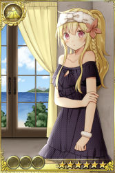 Rule 34 | 1girl, :o, arm grab, bad id, bad pixiv id, bare shoulders, blonde hair, blue sky, blush, bow, braid, card (medium), character request, cloud, cloudy sky, collarbone, curtains, day, dress, flower, hair between eyes, hair flower, hair ornament, horizon, indoors, inishie no megami to houseki no ite, kurata rine, long hair, looking at viewer, ocean, off-shoulder dress, off shoulder, official art, parted lips, polka dot, polka dot dress, purple dress, red eyes, red flower, short sleeves, side braid, single braid, sky, solo, standing, star (symbol), water, white bow, window