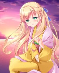 Rule 34 | 1girl, blonde hair, blue ribbon, blush, closed mouth, commentary, floating hair, from side, green eyes, hair between eyes, hair ribbon, half-closed eyes, half updo, hand up, japanese clothes, kimono, long hair, long sleeves, looking at viewer, ocean, otou (otou san), pink kimono, pinky out, purple sky, red sash, ribbon, sash, sitting, sky, smile, solo, spoilers, summer pockets, sunset, tsumugi wenders, very long hair, wide sleeves, yellow kimono