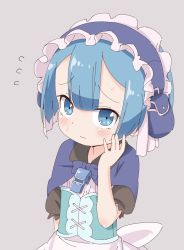 Rule 34 | 1boy, blue eyes, blue hair, blush, capelet, child, corset, crossdressing, dress, embarrassed, grey background, highres, looking at viewer, made in abyss, maid headdress, male focus, maruruk, natsuo (azabuchan1221), short hair, simple background, solo, trap, whistle