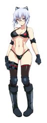 Rule 34 | 1girl, abs, animal ears, anonyma, armor, bikini, black bikini, blue hair, boots, breasts, cat ears, comitia, commentary request, elbow pads, fingerless gloves, full body, gakuen taisen valkyries, glasses, gloves, gun, highres, holster, knee pads, looking at viewer, medium breasts, nagioka, navel, purple eyes, red star, sheath, short hair, solo, standing, star (symbol), swimsuit, thighhighs, toned, weapon