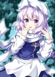 Rule 34 | 1girl, :d, apron, blue skirt, blue vest, cowboy shot, highres, holding, holding clothes, holding scarf, letty whiterock, light purple hair, long sleeves, looking at viewer, open mouth, polearm, purple eyes, rain, ruu (tksymkw), scarf, short hair, skirt, smile, solo, standing, sweat, touhou, trident, vest, waist apron, weapon, white apron, white headwear, white scarf