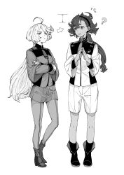 Rule 34 | 2girls, ?, absurdres, ahoge, arrow (symbol), asticassia school uniform, closed mouth, commentary, crossed arms, flying sweatdrops, frown, greyscale, gundam, gundam suisei no majo, hairband, height difference, highres, jacket, joker (jjjokerrr233), long hair, long sleeves, miorine rembran, monochrome, multiple girls, necktie, own hands together, pantyhose, parted lips, ponytail, school uniform, shorts, steepled fingers, suletta mercury, sweatdrop, thick eyebrows
