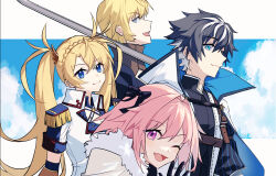 Rule 34 | 1girl, 3boys, ;d, astolfo (fate), belt, black bow, black gloves, black hair, blonde hair, blue eyes, blue sky, bow, bradamante (fate), braid, brown belt, cape, charlemagne (fate), chest belt, closed mouth, cloud, epaulettes, fang, fate/grand order, fate (series), fringe trim, fur-trimmed cape, fur trim, gloves, hair bow, hair intakes, highres, holding, holding sword, holding weapon, idass (idass16), jacket, long hair, looking at viewer, multicolored hair, multiple boys, one eye closed, open mouth, pink hair, purple eyes, roland (fate), short hair, short sleeves, shoulder belt, skin fang, sky, smile, streaked hair, sword, twintails, upper body, weapon, white cape, white hair, white jacket