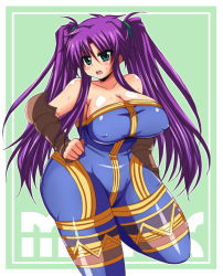 Rule 34 | 1girl, afuro, bare shoulders, breasts, cosplay, covered erect nipples, faris scherwiz, female focus, final fantasy, final fantasy v, green eyes, large breasts, long hair, monk, monk (fft), open mouth, plump, purple hair, solo, sweat, twintails