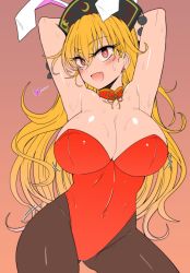 Rule 34 | 1girl, :d, animal ears, armpits, arms behind head, black pantyhose, blush, breasts, cleavage, covered navel, earrings, fang, female focus, hat, heart, highres, jewelry, junko (touhou), large breasts, leotard, long hair, looking at viewer, mature female, open mouth, pantyhose, pink background, playboy bunny, rabbit ears, red eyes, roki (hirokix), simple background, smile, solo, sweat, touhou